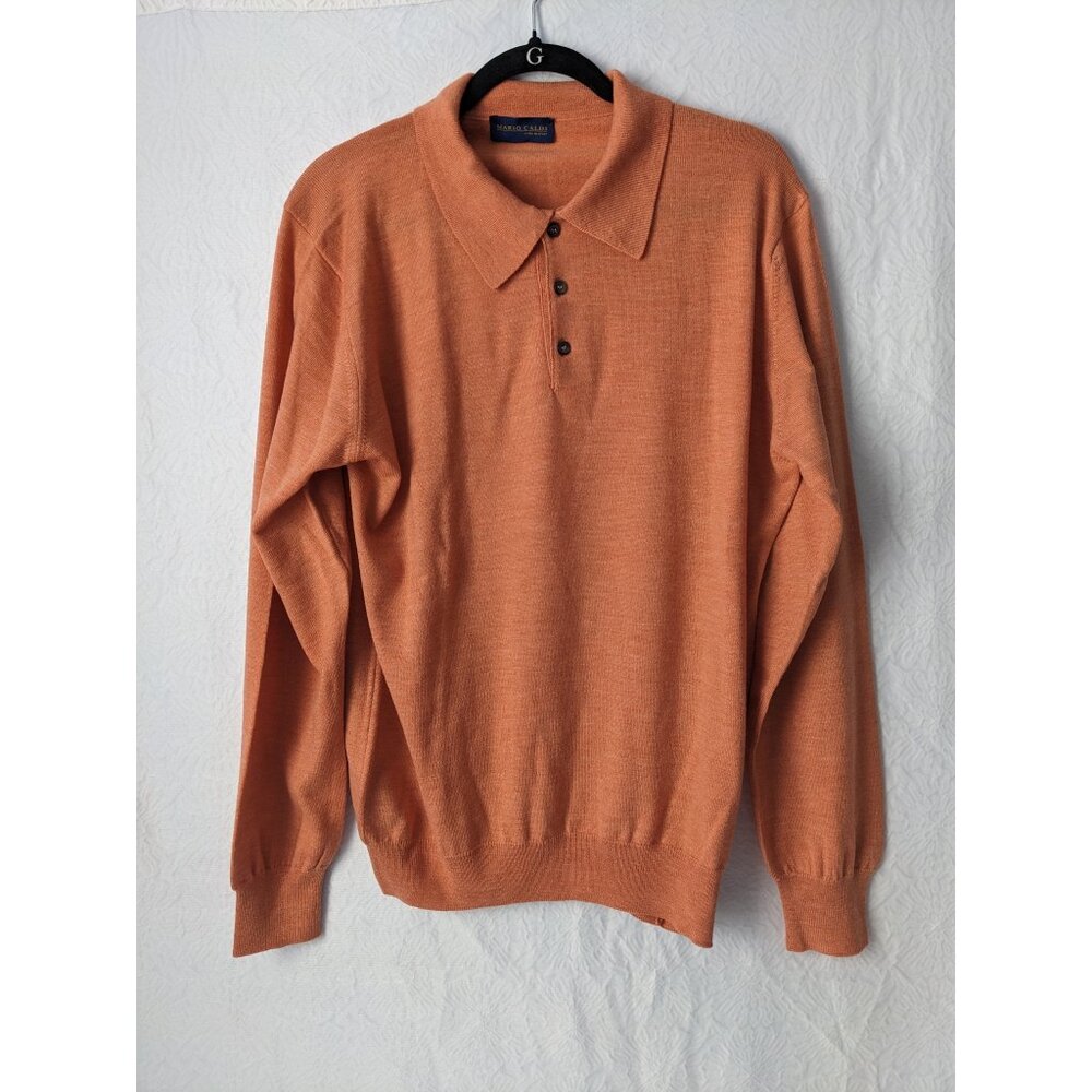 Mario Caldi Mens Italy 100% Merino Wool Collared Polo Sweater Size XL 54 Orange